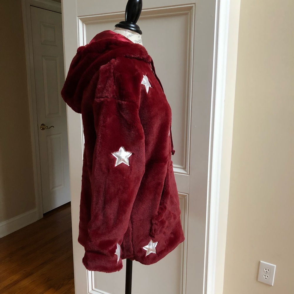 Plush star patch faux fur Teddy coat wine Silver - Picture 7 of 8